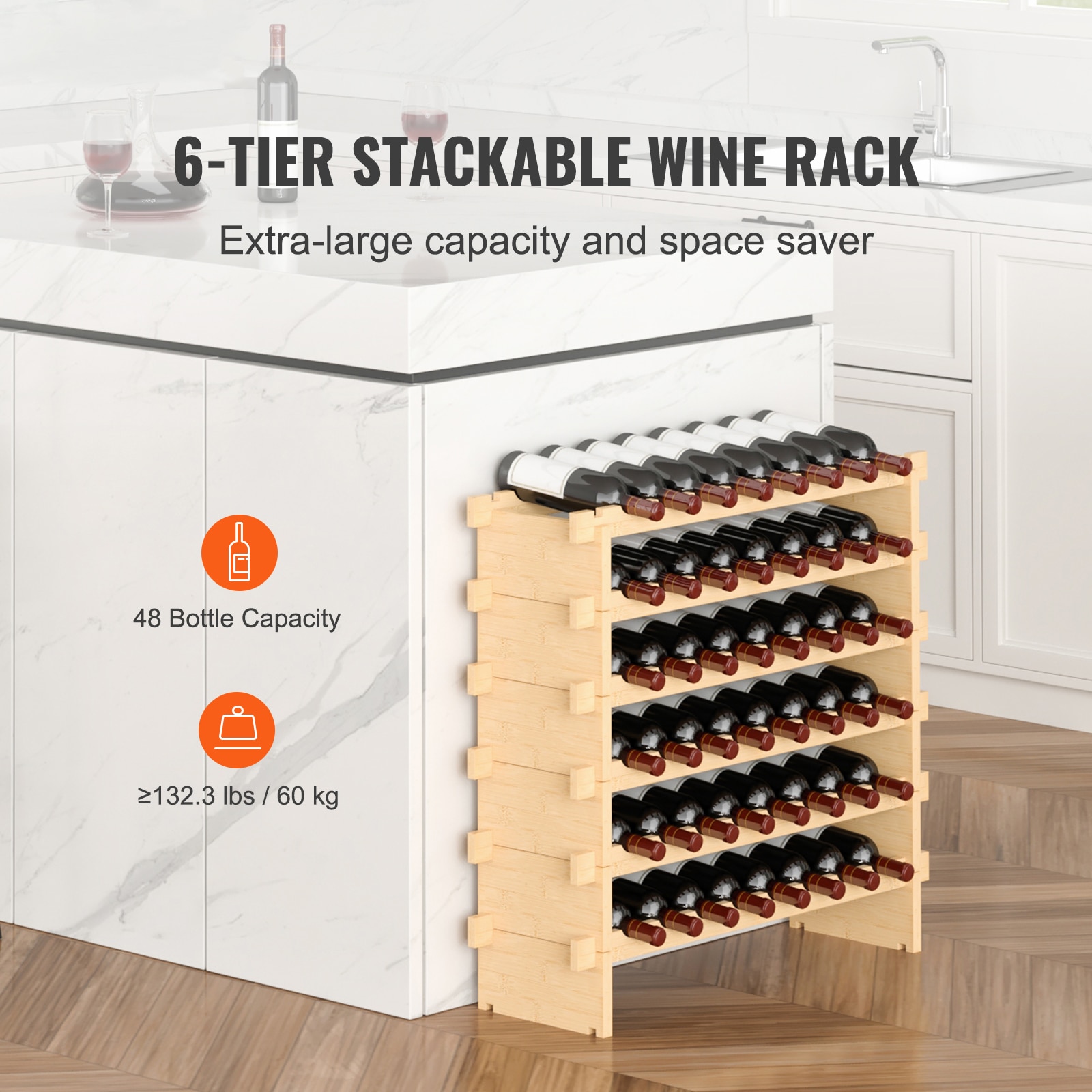 48 Bottle Stackable Modular Wine Rack Bamboo Wood Display Shelf 6-Tier_voghion.com